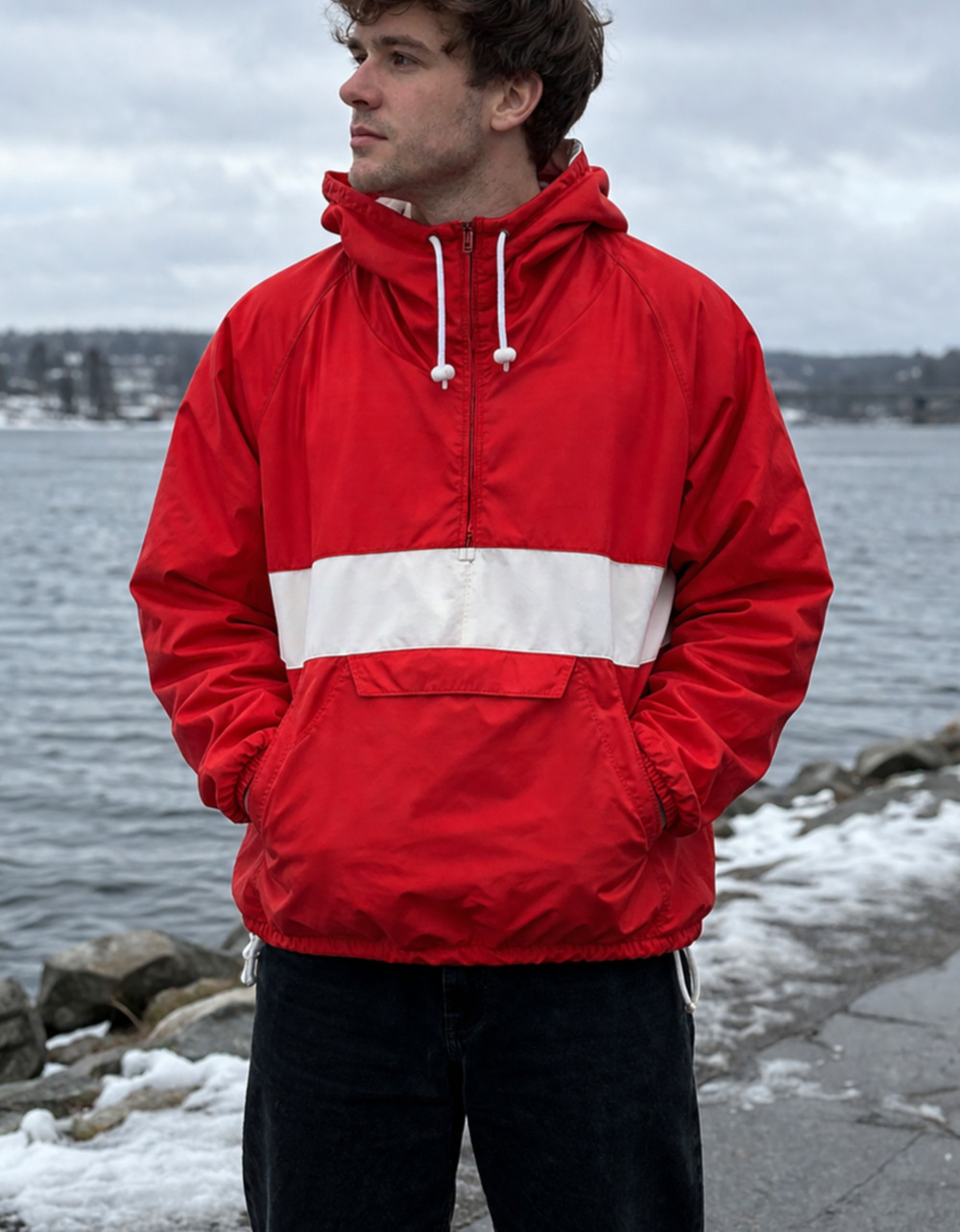 Charles River Red White Windbreaker Mens L 90s Retro 1/4 Zip Hooded Jacket Nylon